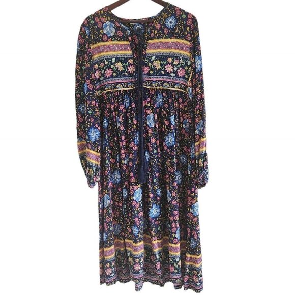 R Vivimos Blue Womens Boho Maxi Peasant Prairie Dress Size M Tassels